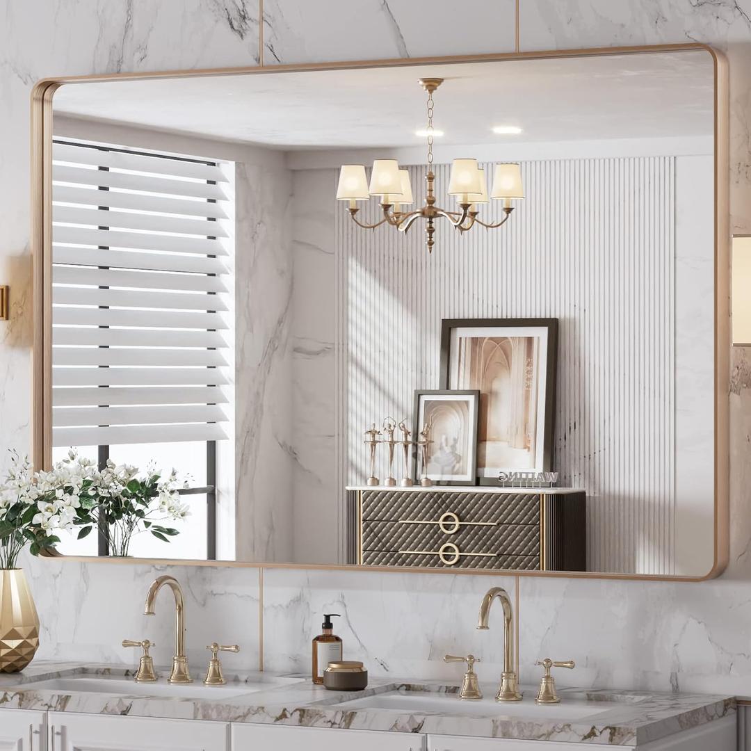 LOAAO 48X32 Gold Bathroom Mirror, Rounded Rectangle Gold Frame Mirror, Brushed Gold Bathroom Vanity Mirror Wall-Mounted, Anti-Rust, Tempered Glass, Hangs Horizontally or Vertically LOAAO 48X32 Gold Bathroom Mirror, Rounded Rectangle Gold Frame Mirror, Brushed Gold Bathroom Vanity Mirror Wall-Mounted, Anti-Rust, Tempered Glass, Hangs Horizontally or Vertically