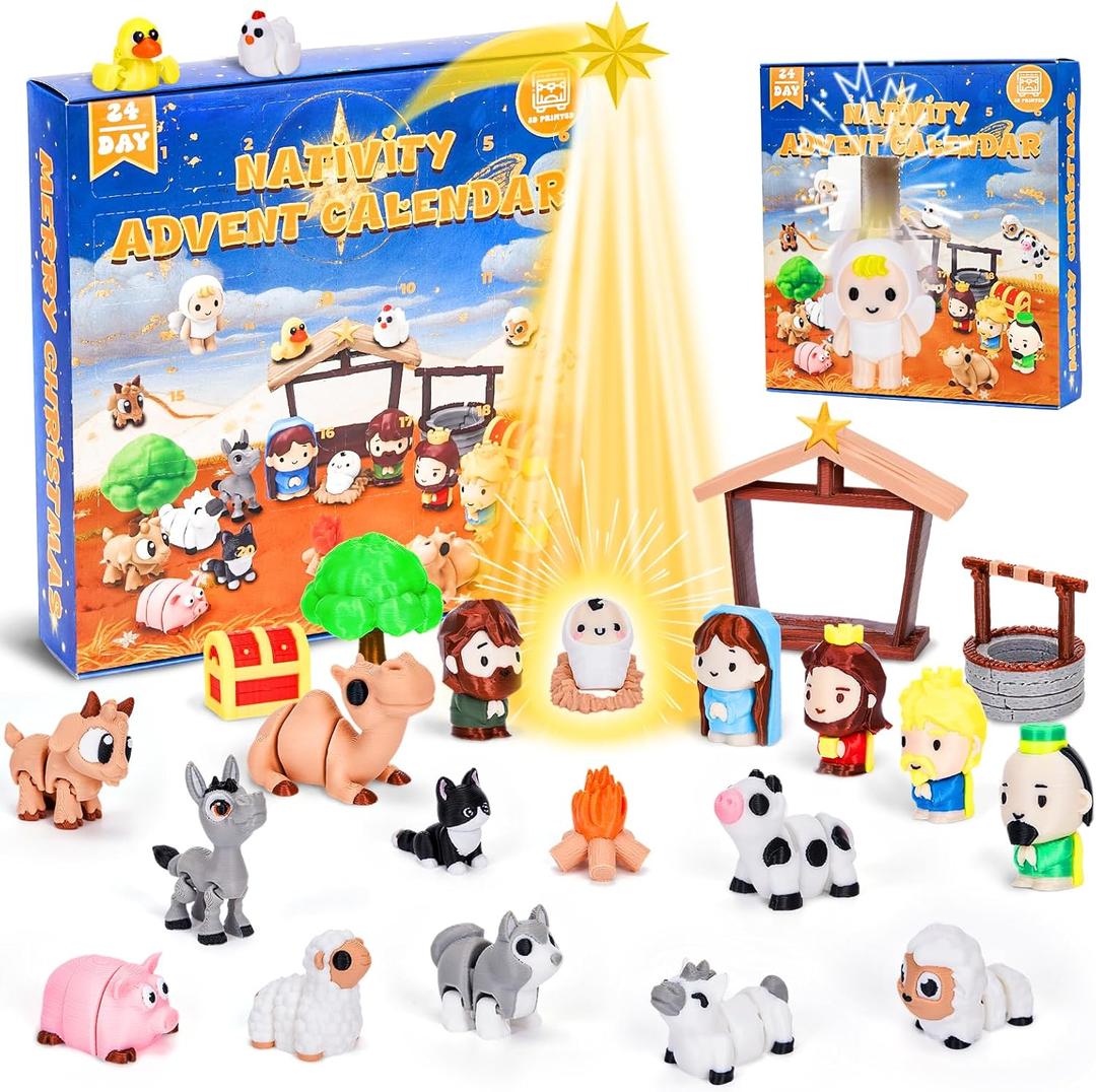 Nativity Scene Advent Calendar 2025 with Movable Figurines, 3D Printed Nativity Playset for Children,Christian Religious Christmas Story Playset Figurine for Toddlers