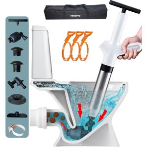 HimaPro High Pressure Toilet Plunger Air Drain Blaster Kit White Handle- Unclog Toilets, Kitchen Sinks, Shower Drains, and Pipes with Ease - Bonus Drain Snake Included