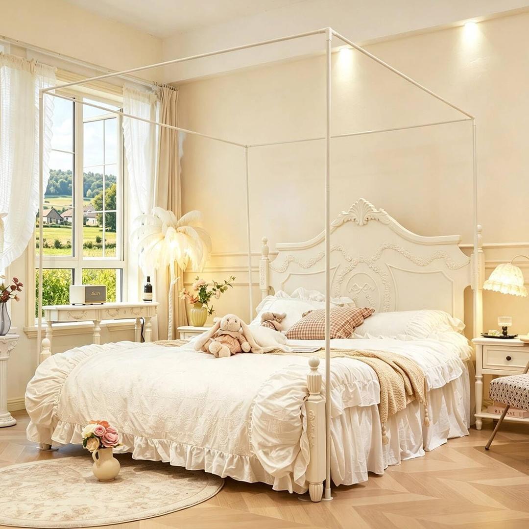 Canopy Bed Frame Full Size Bed,Bed Canopy Frame Sturdy Metal Poles Four Corner Bed Brackets Fit for Metal Bed Wood Bed Bedroom Décor