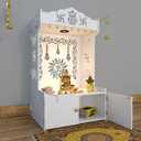 Aesthetic Wooden Temple for Home Modern Pooja Mandir with Focus Light & Shelf, DIY Installation, Large White, 109 cm