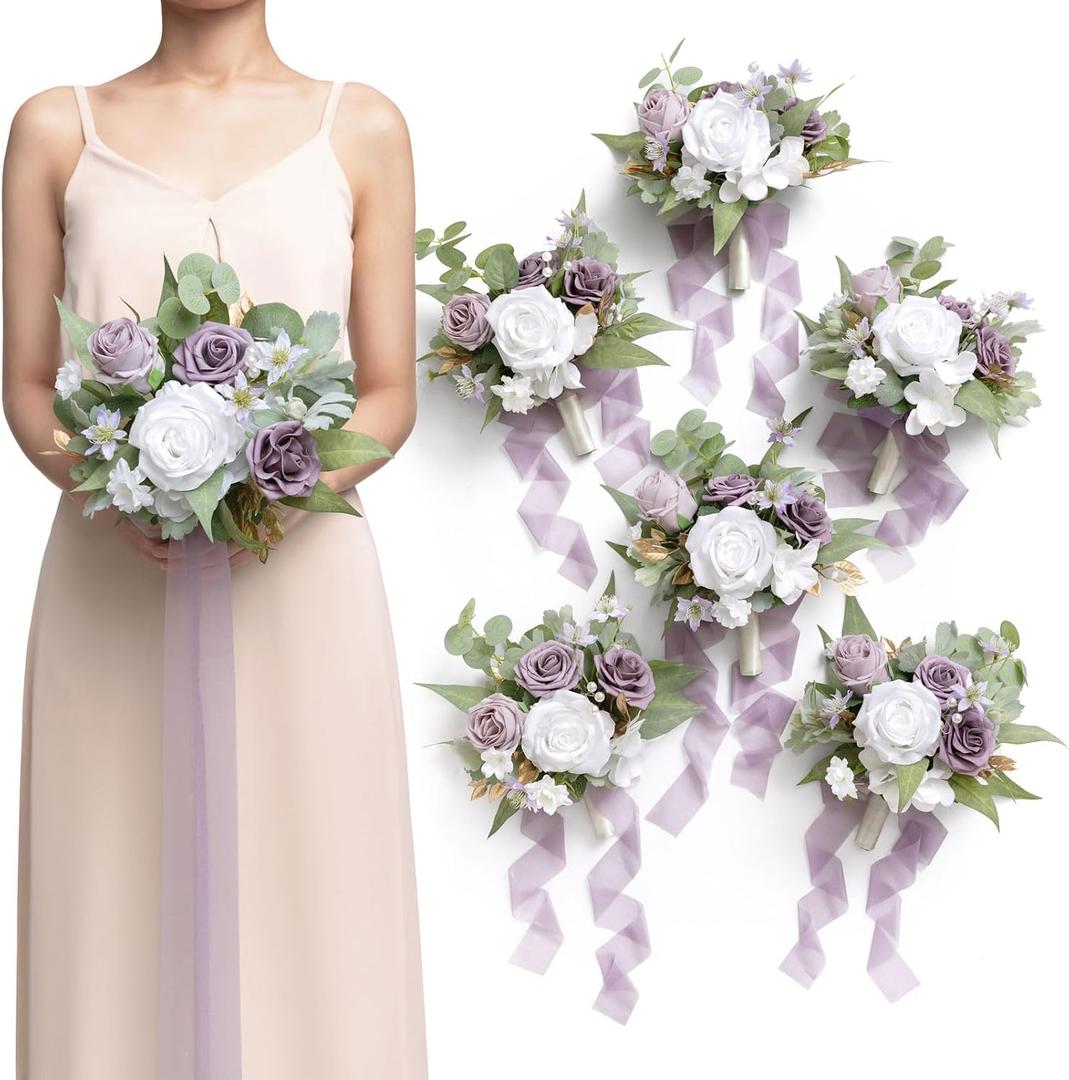 Ling's Moment Artificial Bridesmaid Bouquets Set of 6 Purple Wedding Flower Bouquets White Rose Floral Bouquet Lilac Bridal Bouquets with Ribbon Ceremony,Anniversary,7-inch Diameter