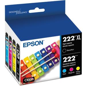 4 x EPSON 222 Claria Ink High Capacity Black & Standard Color (Cyan/Magenta/Yellow) Cartridge Combo Pack (T222XL-BCS) Works with WorkForce WF-2960 Expression XP-5200