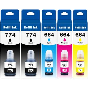 Compatible 774 664 Ink Bottle Replacement for Eps T774 T664 T774120-S Ink Cartridge Used with Eps EcoTank ET-4550 ET-3600 ET-16500 ET 4550 3600 16500(2Black 1Cyan 1Magenta 1Yellow 5 Pack)