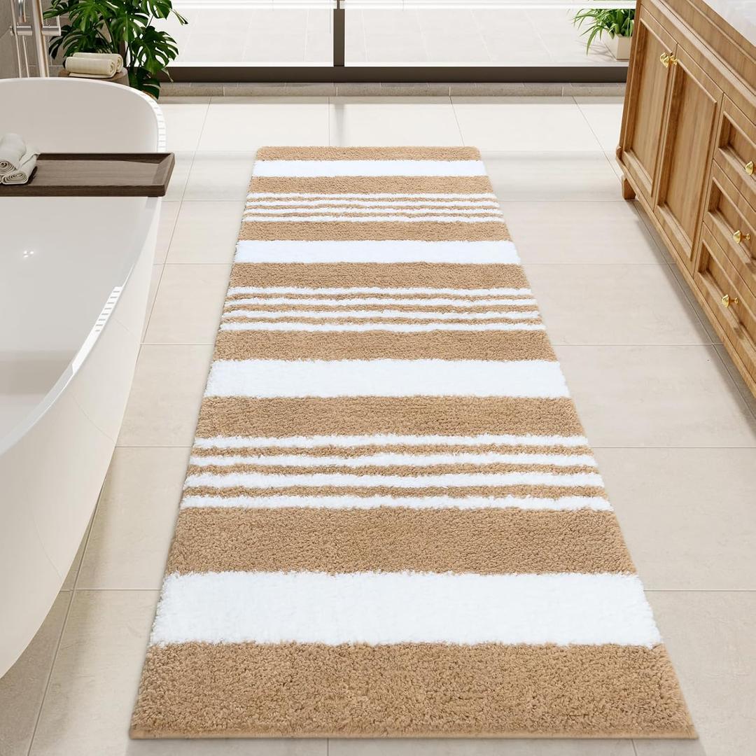 LOCHAS Long Bathroom Rugs Runner, 24" x 70" Large Bath Rug Non Slip Absorbent, Washable Microfiber Bathroom Mat Luxury Fluffy Soft, Shaggy Bath Mats for Shower Quick Dry, Beige