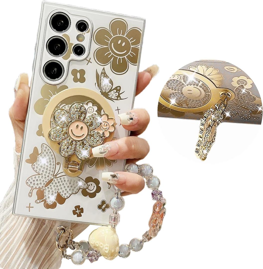for Samsung Galaxy S25 Ultra Bling Diamond Case with Love Beaded Wrist Strap, Glitter Butterfly Floral Magnetic Cover with Flower Kickstand for Galaxy S25 Ultra RH White