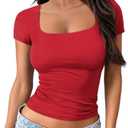 Trendy Queen Double Lined Short Sleeve Tshirts for Women Square Neck Cute Crop Top Spring Summer Basic Tees Workout Going Out, Medium