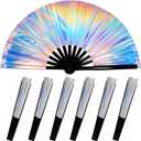6pcs Line Dance Fan Rave Fan for Line Dancing 13" Big Folding Handheld Fans Holographic Laser Colors Clack Fans Bulk for Festivals Rainbow Outfits Disco Party Home Decorative Cooling (Silver)