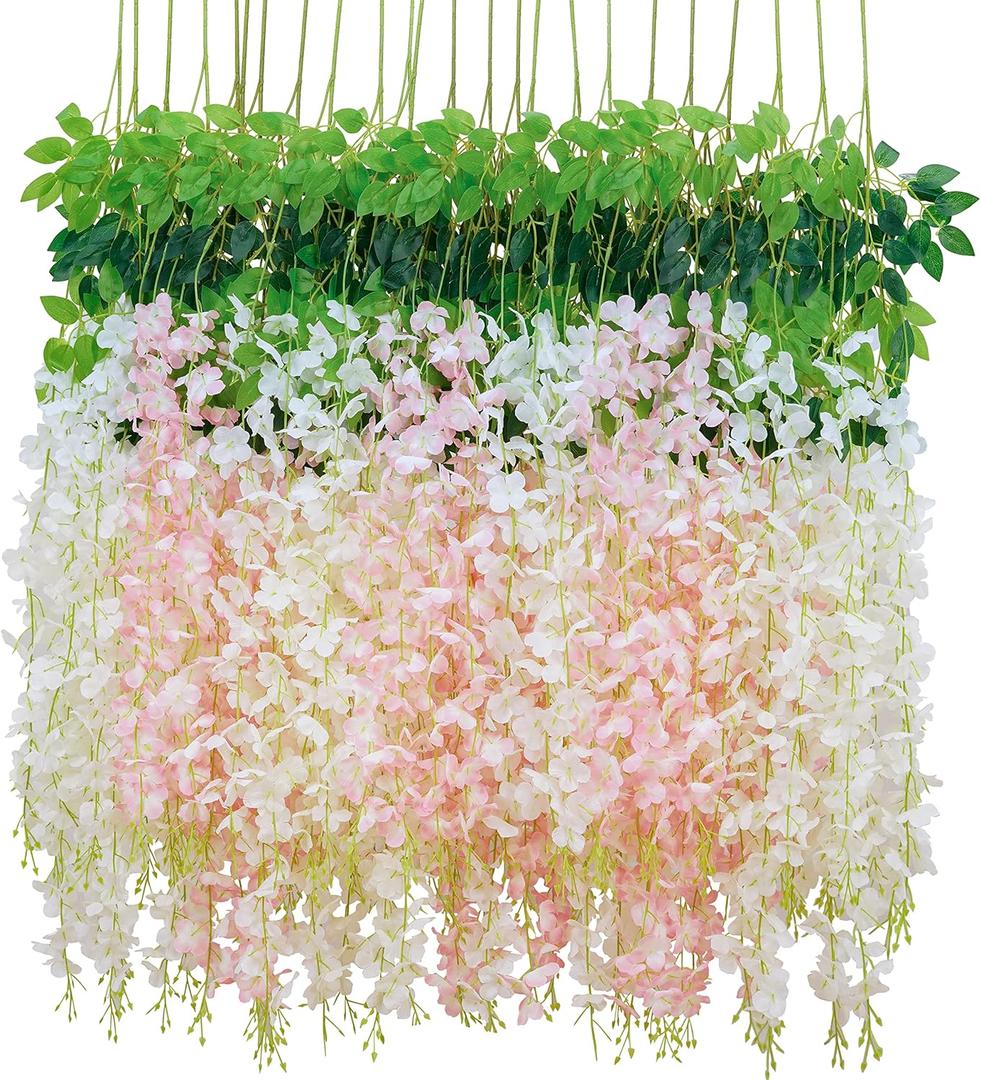 BLEUM CADE 36Pcs White & Pink Fake Wisteria Hanging Flowers, 3.6Ft/Pcs Artificial Wisteria Garland, Hanging Flowers for Wedding Party Home Backdrop Wall Decoration
