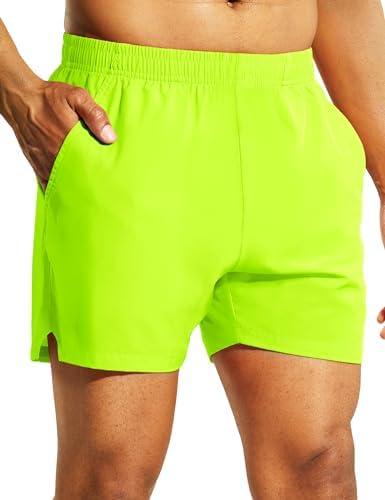 Nepest Men's 5’’ Athletic Running Shorts with Pockets, Lightweight Quick Dry Gym Workout Training No Liner Shorts L, Lemon Green