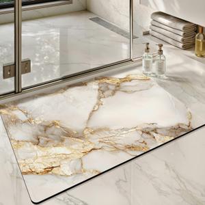 Color&Geometry Ultra Thin Bathroom Rugs Non Slip,Absorbent Quick Dry Bath Mats for Bathroom,Thin Bath Rugs Washable with Rubber Backing Fit Under Door Outside Shower,Gold-Veined White Marble,16"x24"