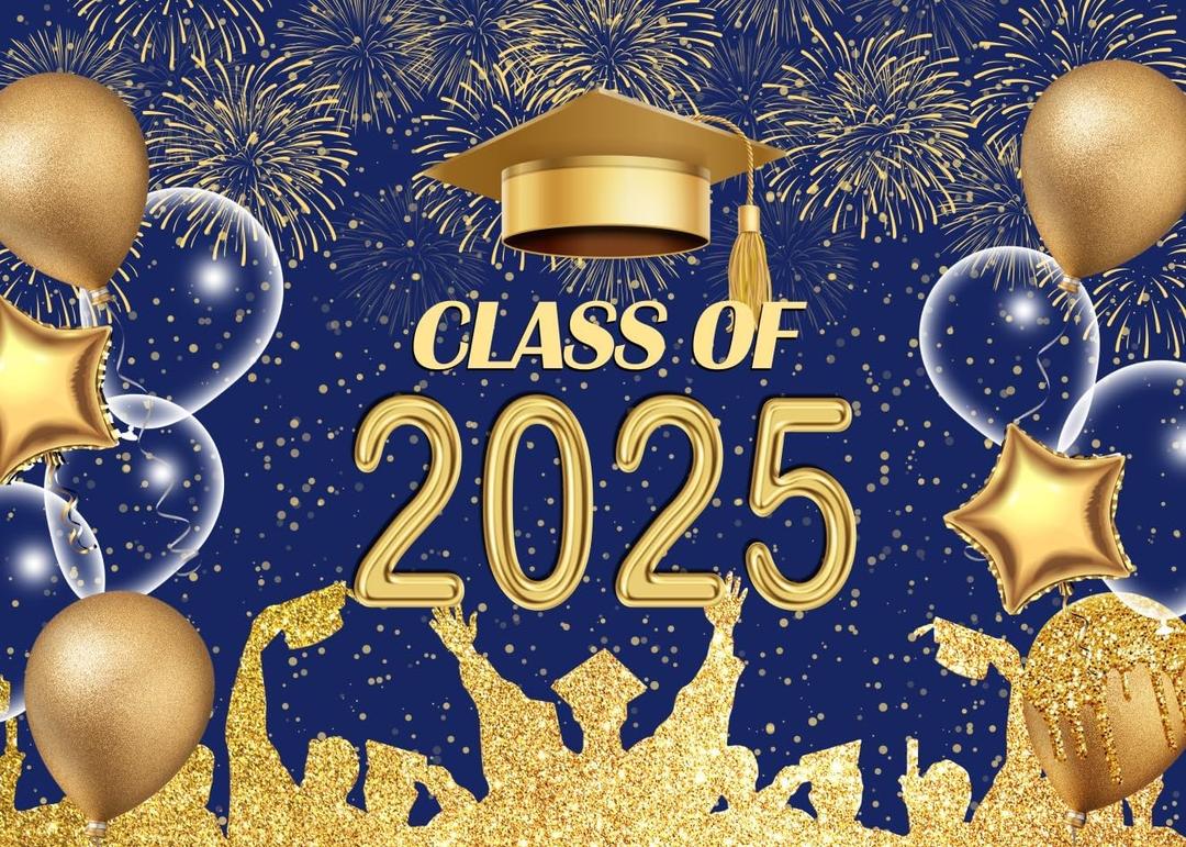 LYCGS 7x5ft Graduation Backdrop Navy Blue and Gold 2025 Graduation Party Backdrop for Class Celebration Prom Decor Banner X-113 (Multi)
