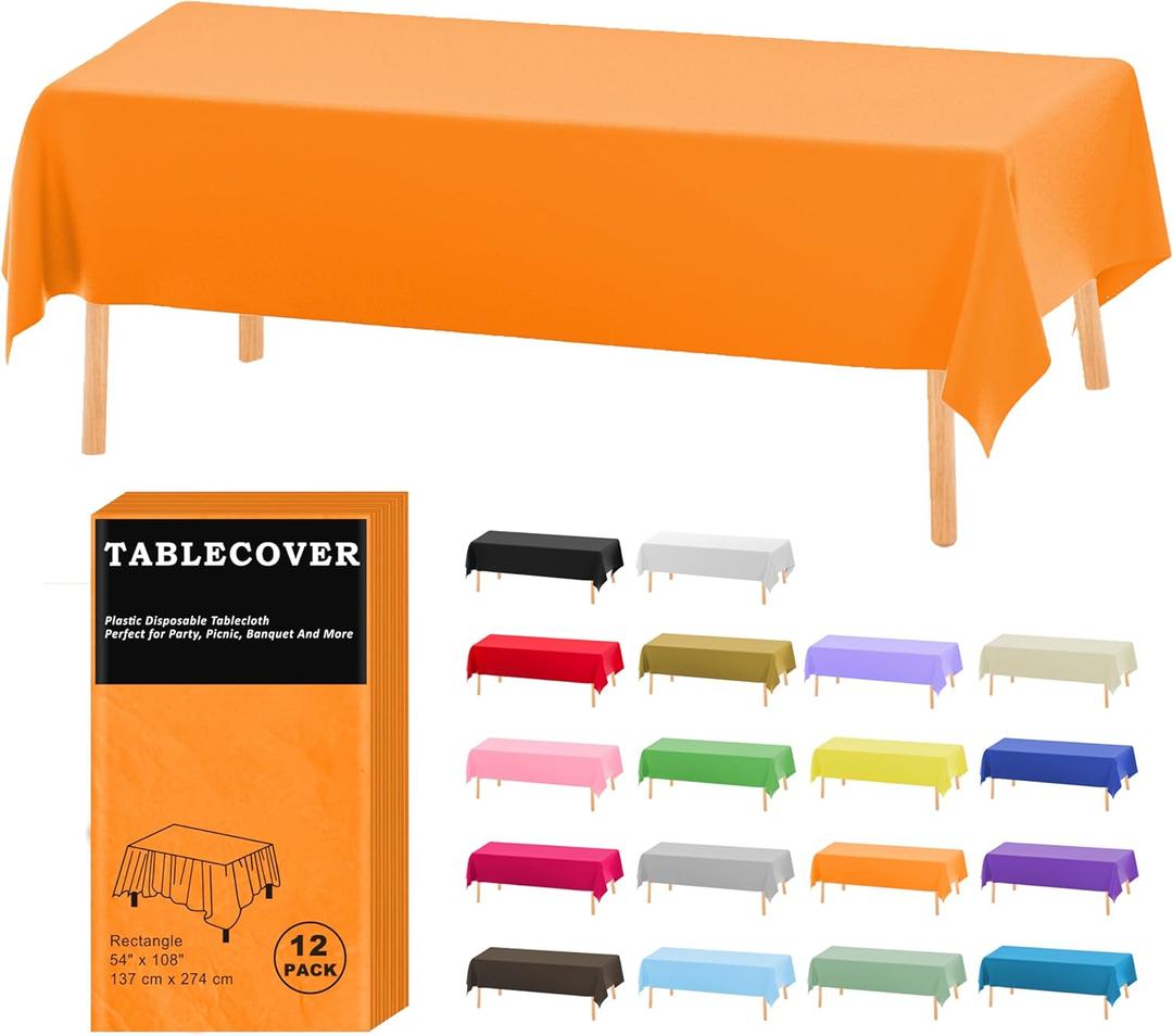 D&Z Plastic Table Cloth Disposable, 12 Pack Orange Rectangle Tablecloth Individually Wrapped for Indoor&Outdoor, 54 x 108 Inch Table Cover for Party, Picnic, Birthday, Wedding & Dinner