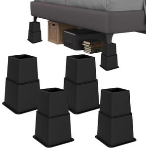 Heavy Duty Bed Risers - Set of 4 Adjustable Furniture Risers, Elevation Heights of 3, 5 & 8 Inches, Supports Up to 1,300 lbs for Bed, Couch, Table & Chair (Matte Black)