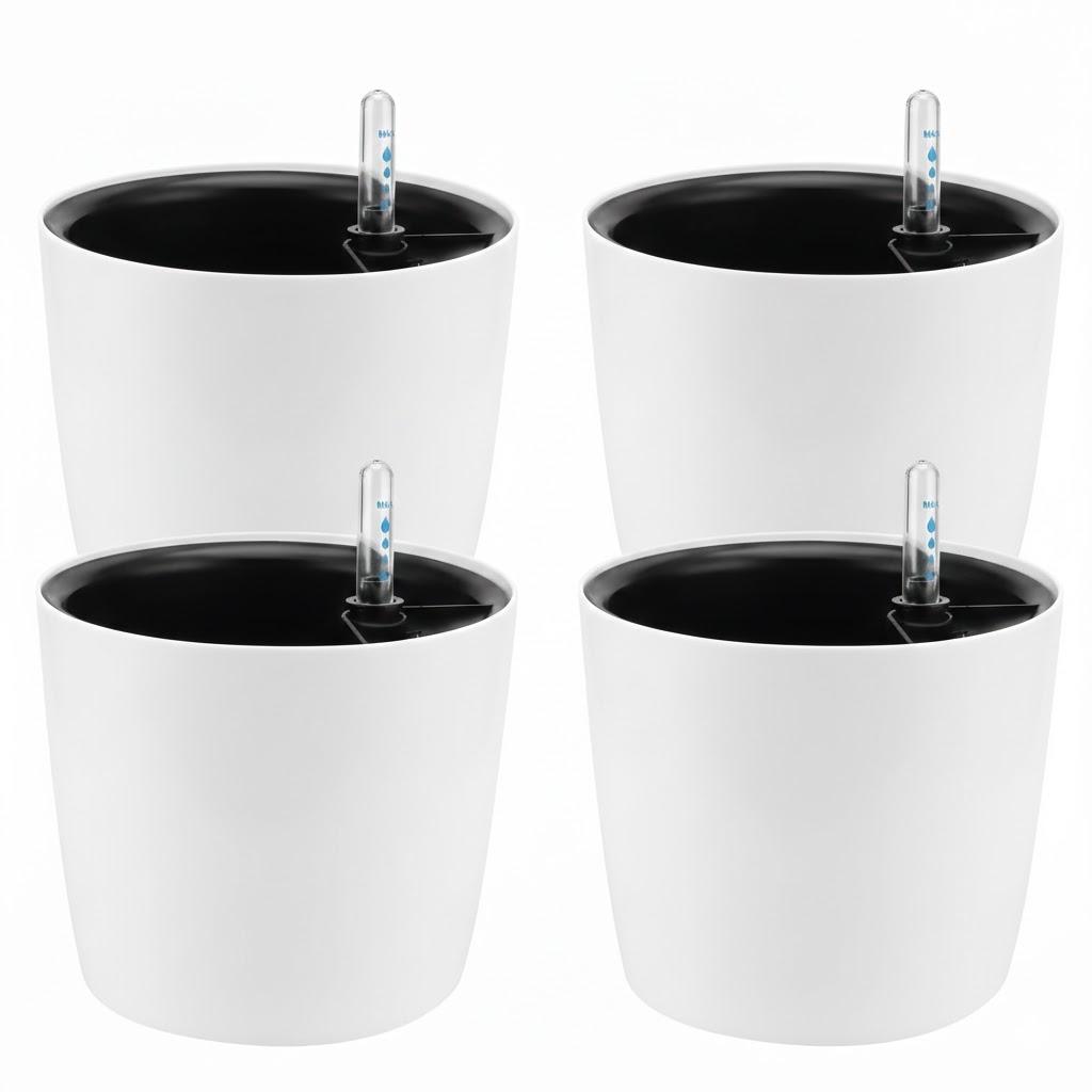 HEIHAK 4Pack 6 Inch Self Watering Planter for Indoor Plants, White Decorative Round Plastic Self Watering Pots with Level Indicators for Soil Planting, Flowers, Herb, African Violet, Succulent
