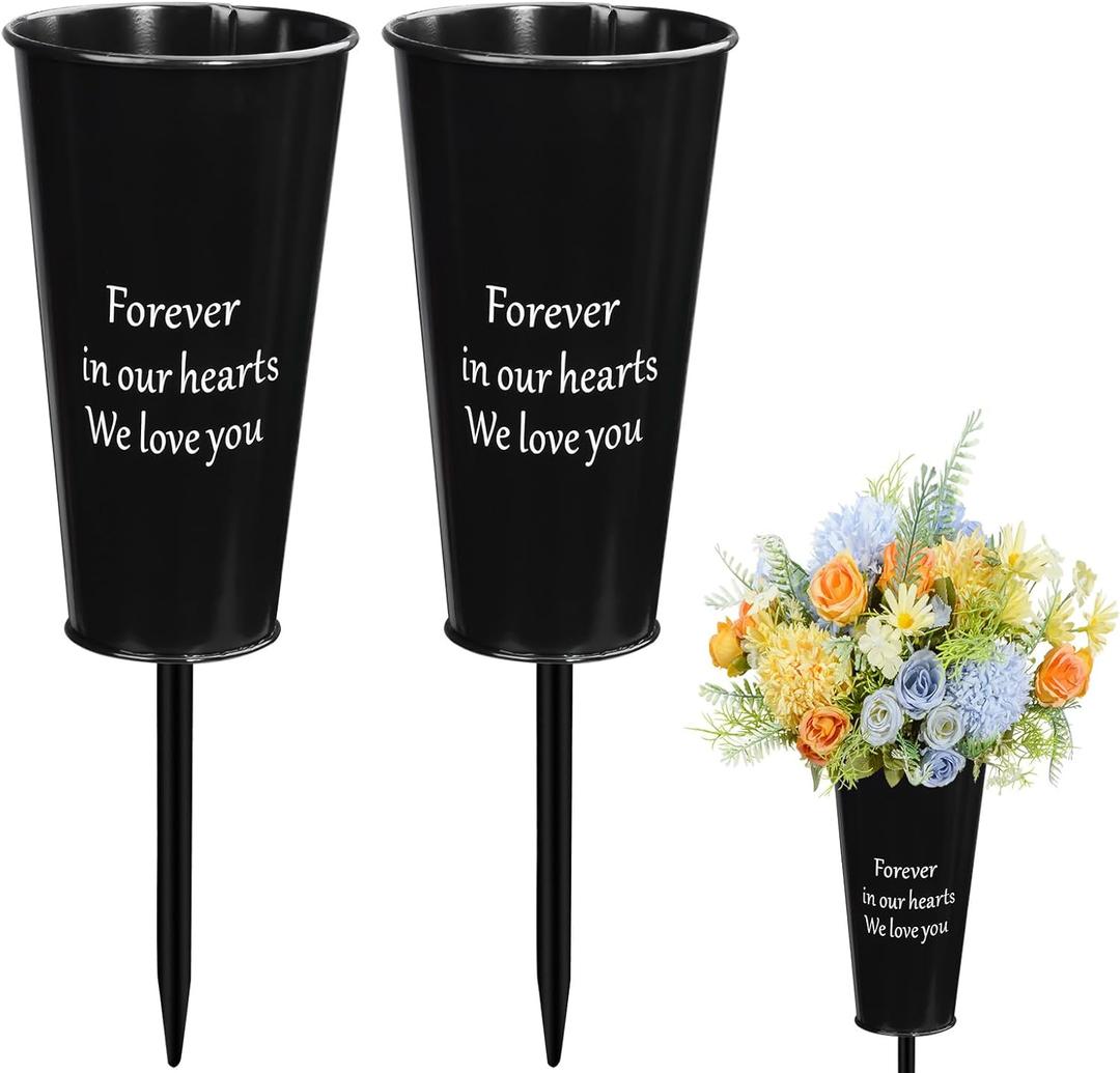 Metal Cemetery Vases, 2 Pcs Metal Grave Memorial Grave Vases with Stakes Graveside Flower Holder Grave Flower Vase for Grave Outdoor Lawn Yard Funeral Decorations (Black), HP-TP-ZD-2P
