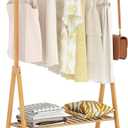Bamboo Wooden Clothes Rack, Heavy Duty Garment Rack for Hanging Clothes, Freestanding Clothing Rack with 2 Tier Storage Shelves & Side Hooks for Living Room Bedroom Entryway