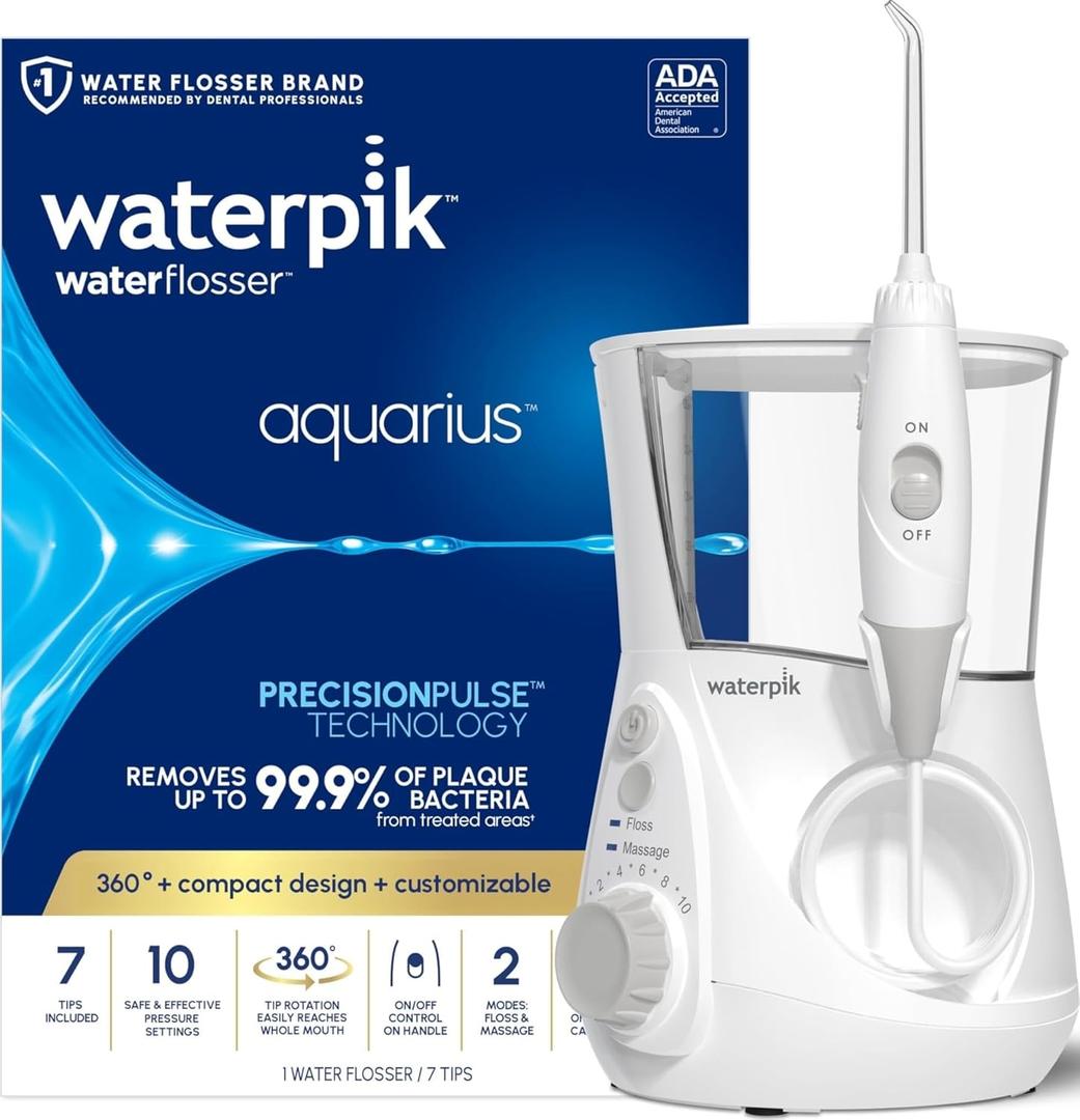 Waterpik Aquarius Water Flosser For Teeth Cleaning, Gums, Braces, Dental Care, Electric Power With 10 Settings, 7 Tips For Multiple Users And Needs, ADA Accepted, White WP-660
