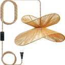 19.7" Wide Bohemian Farmhouse Rattan Chandelier - Plug-in Double Layer Lighting Fixture with Switch, Handwoven Natural Fiber for Kitchen Island, Dining & Living Room, 1 Pc-19.7"-Plug in with switch