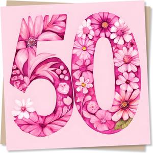Beautiful Pink 50th Birthday Card - Floral Pink Design - 50th Birthday Card For Women, Woman, Female, Mum, Aunty, Friend