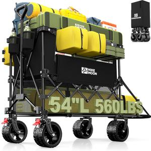 Hikemoon 400L Double Decker Wagon with Tailgate 54'' Extra Long, 560LBS Heavy Duty Wagons Carts Foldable, Big All-Terrain Wheels with Brakes, Utility Folding Cart for Beach, Camping, Sports, Black