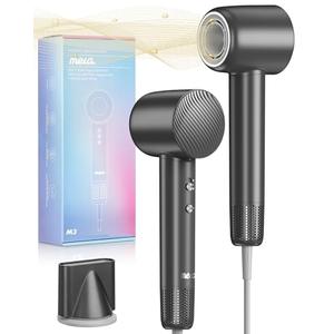 Ionic Hair Dryer - Mera M3, Professional Frizz-Fighting Blow Dryer, 5-Minute Fast Drying, Quiet Lightweight Travel Hairdryer with Snap-On Concentrator for Women