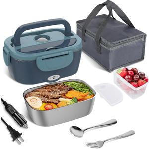 Vabaso Electric Lunch Box Food Heater, 80W Electric Heating Lunch Boxes Lunch for Adults/Men/Car/Truck/Work, 1.5L Removable 304 Stainless Steel Container, 110V/12V/24V, with Fork & Spoon (Dark Blue)