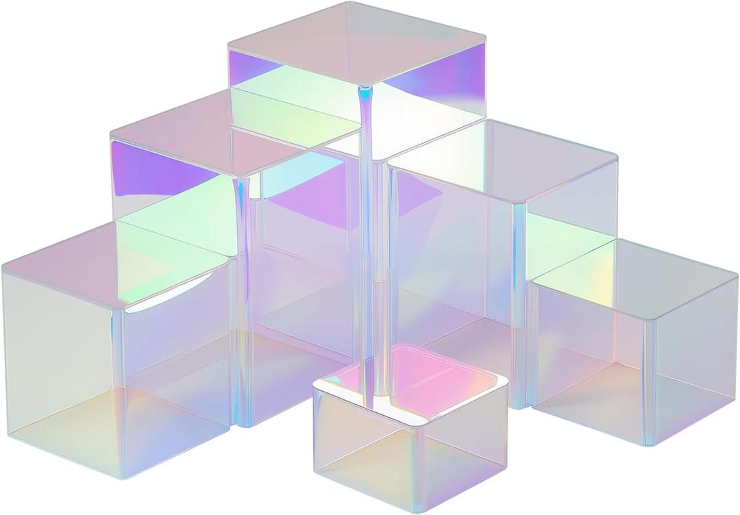 Thyle Jewelry Acrylic Risers Square Cube Display Nesting Risers Figure Stand with Hollow Bottoms Display Stand Shelf for Cosmetics Food Collectibles Perfume, 6 Sizes(Colorful,12 Pcs)