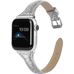 Wearlizer Thin Glitter Leather Compatible with Apple Watch Leather Bands Women 38mm 40mm 41mm 42mm 44mm 45mm 46mm 49mm for iWatch Series 11 10 9 8 7 6 5 4 3 SE/Ultra 3 2 1 Slim Bling Glistening Strap