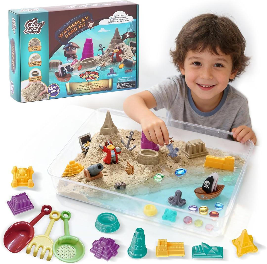 Waterplay & Sensory Sand Kit  2.2lb Pirate Adventure Play Sand for Kids Ages 4+, Water & Sandbox Play with Molds, Gems & Tools, Mess-Free, Non-Toxic Sensory Bin Filler