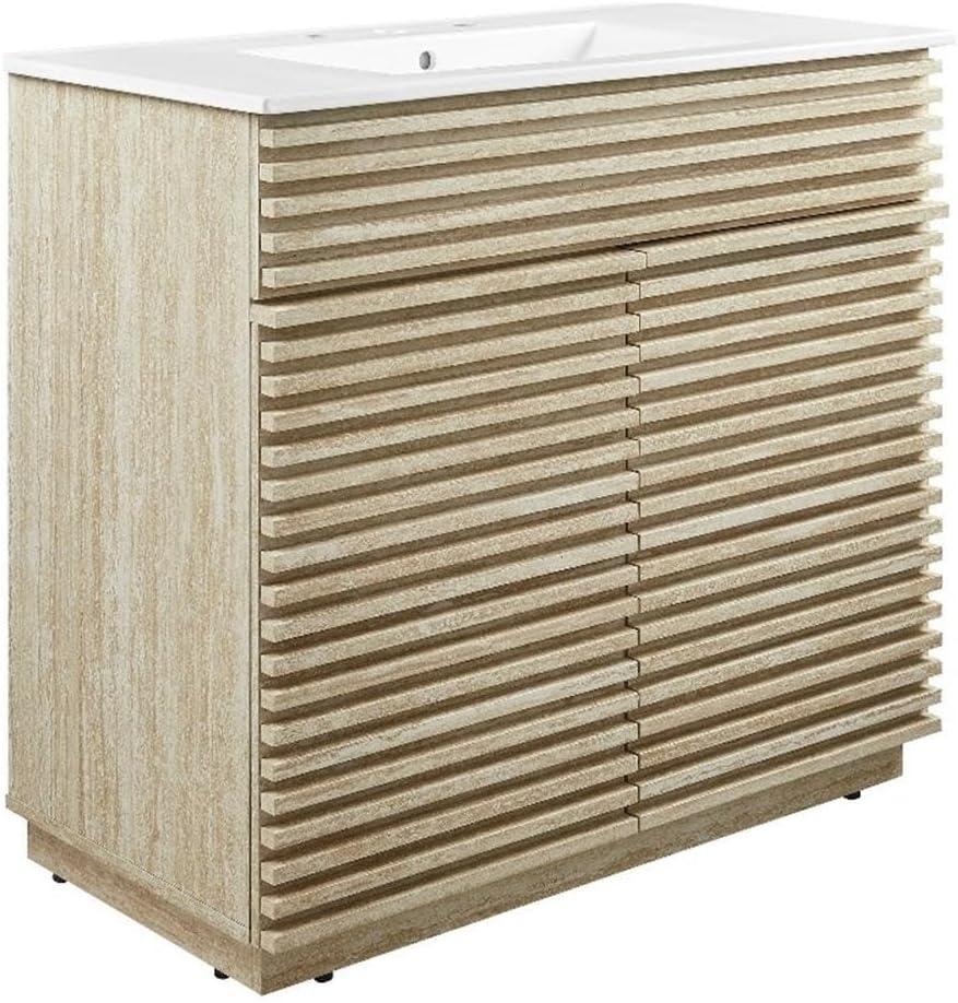 Modway Render Faux Travertine Slatted 36 Inch Bathroom Vanity in White with Sink Combo - Mid-Century Modern Single Sink Bathroom Vanity - Vanity Cabinet with Soft-Close Doors