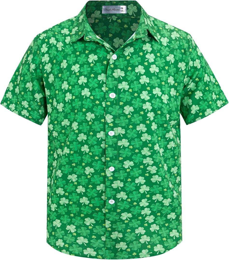 Yoimira Hawaiian Shirts for Boys, Button Down Short Sleeve Tropical Print, Kids Summer Beachwear Tops 7-14 Years (Clover)