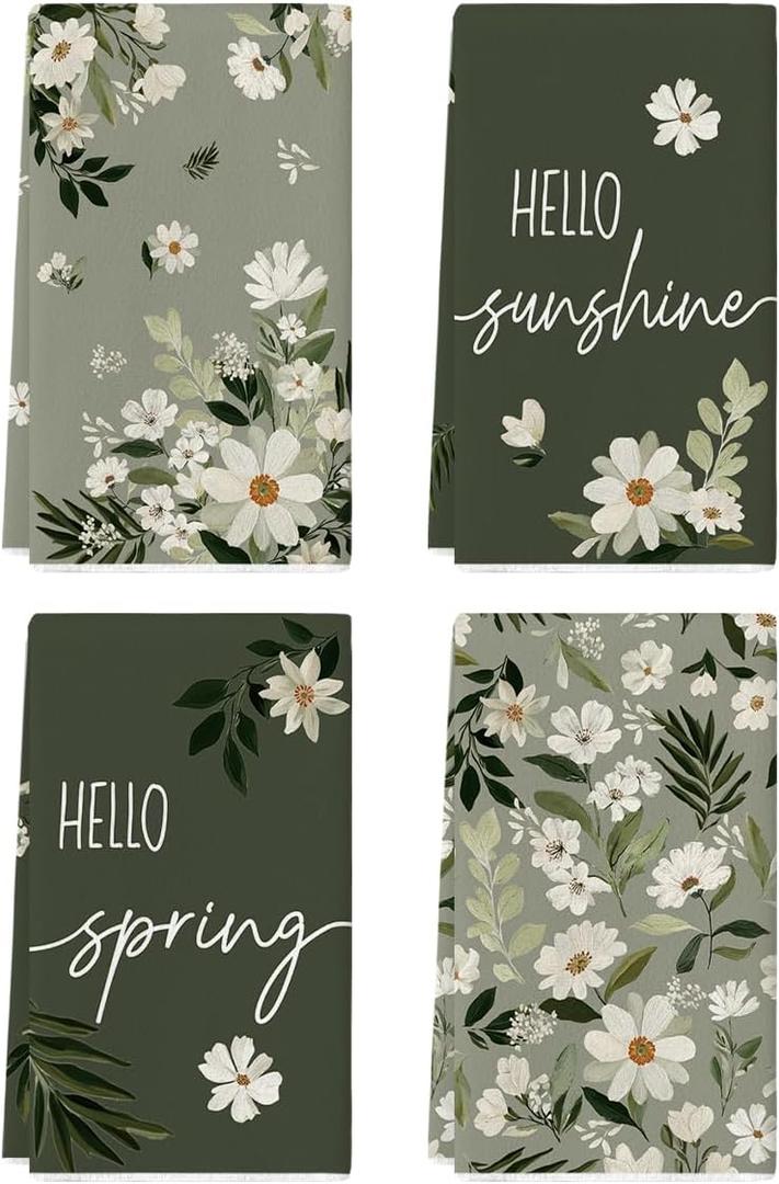 Artoid Mode Floral Hello Sunshine Spring Kitchen Towels Dish Towels, 18x26 Inch Farmhouse Summer Decoration Cleaning Set of 4