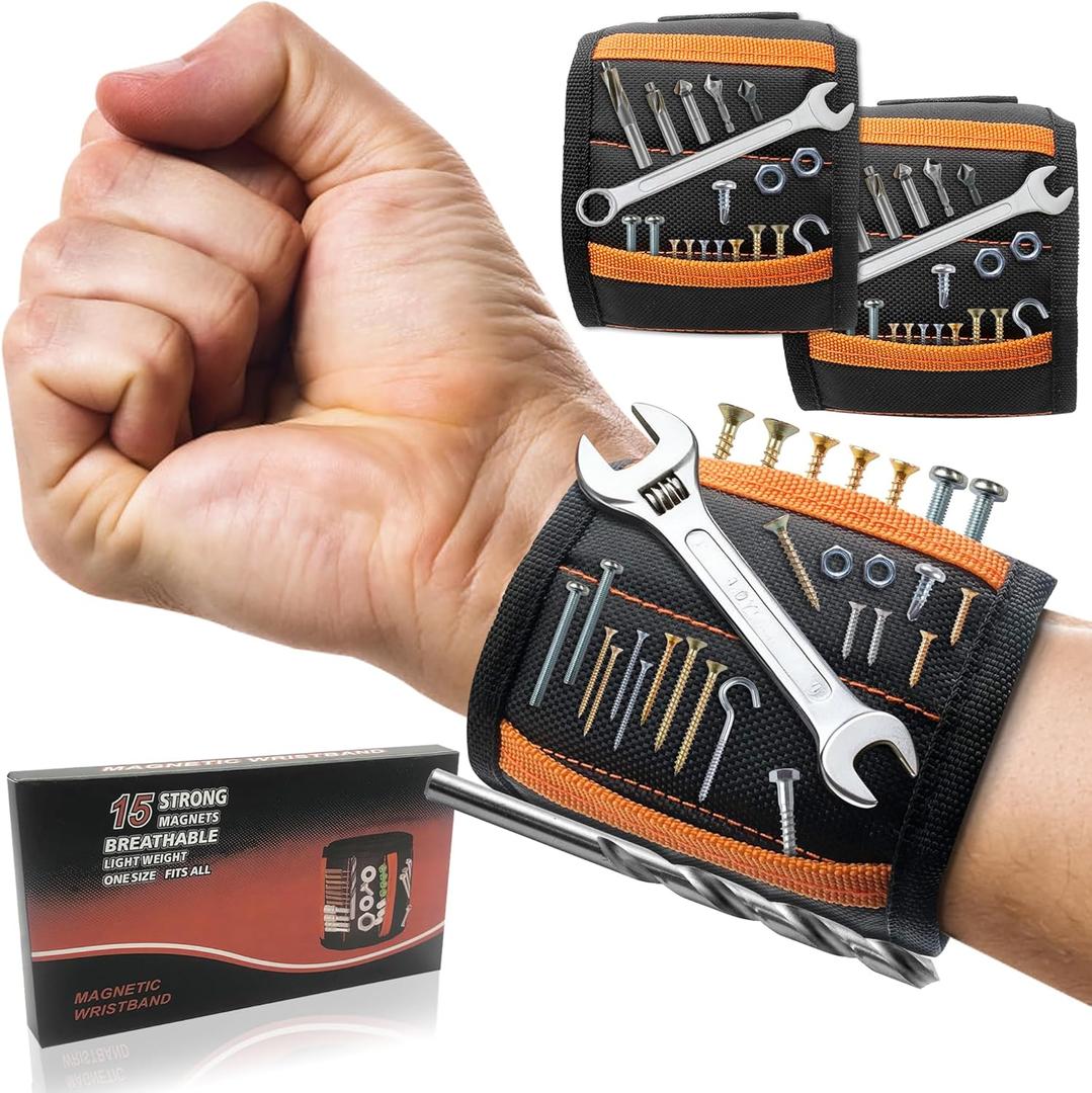2 x 2 Pack Magnetic Wristband for Men, 15 Magnets Powerful for Holding Screws Drilling Bits, Nails, Premium Tools Belt Stocking Stuffers for Birthday Dad Grandpa Husband Handyman Boyfriend Fathers Day