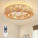 Siljoy 31.5" Boho Ceiling Fan, Low Profile Rattan Ceiling Fans with Lights and Remote, Flush Mount Caged Fandelier Ceiling Fan, Woven Farmhouse Enclosed Chandelier with Fan for Bedroom Living Room