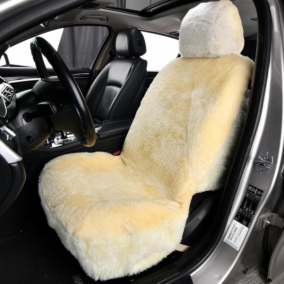 1PC Front Bucket Genuine Sheepskin Car Seat Cover Lambskin Winter Car seat Cushion Lambs Wool Sheep Skin Fuzzy Seat Cover Shearling Car Accessories for SUVs, Saloons and Trucks (Beige)