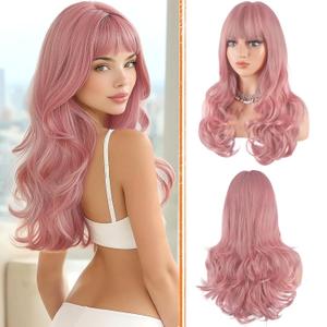 Haloo Pink Wigs with Bangs Long Wavy Layered Haircut Natural Looking Fluffy Synthetic Heat Resistant Hair Wig for Women Daily Party, 24 Inch