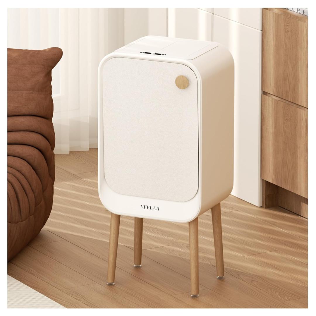 Bathroom Trash Can with Lid - Motion Sensor Smart Garbage Bin with Toilet Brush, 2 Gallon / 7L Small Automatic Trash Can, Odor-Control for Bathroom (White with Leg)