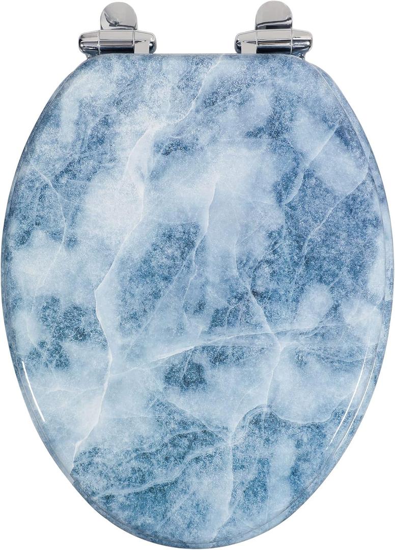 Angol Shiold Elongated Toilet Seat Molded Wood Toilet Seat with Quietly Close and Quick Release Hinges, Easy to Install also Easy to Clean (Elongated, Blue Marble) (Elongated-18.5, Blue Marble)