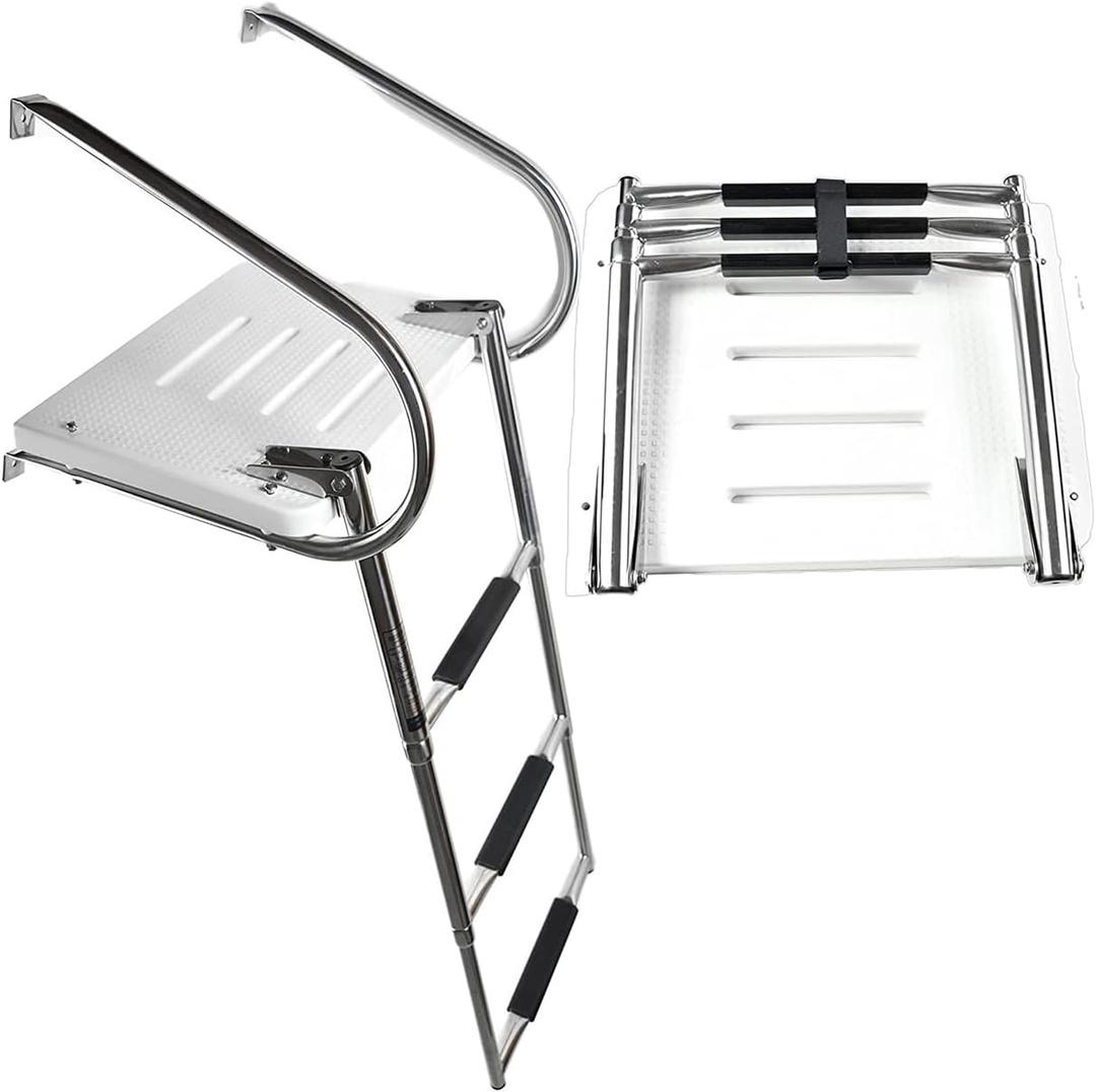 MARINE CITY Stainless Steel 3 Step I/ B Swim Platform Ladder Powersports Harbour Telescoping Boat Ladder Electro-Polished Rails with 3 Anti-Slip Footsteps with Fine Finish for Boats Marine Ships