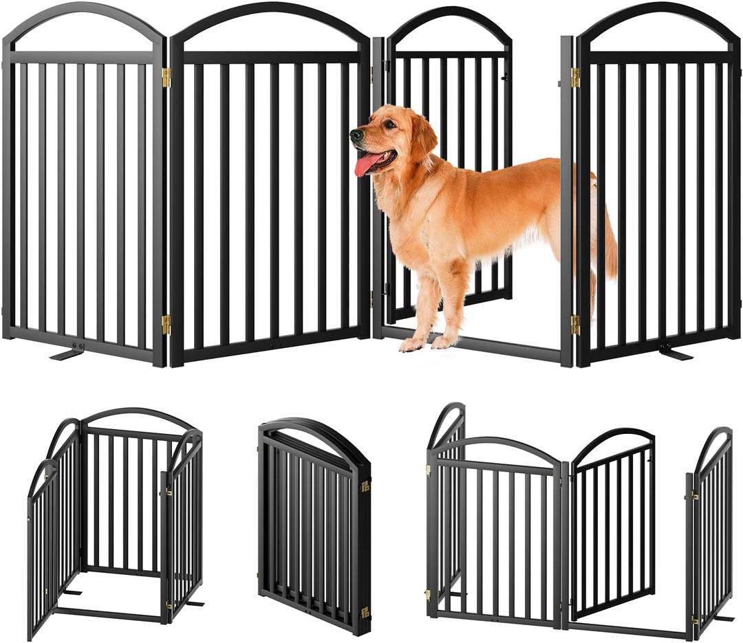 SNUOWU 4 Panels Full Matel Freestanding Dog Gates with Door, 96"Extra Wide 32"Tall Free Standing Dog Pet Gate for Indoor & Outdoor. Foldable Pet Fences for Doorways, House, Stairs, Porch, Deck, Yard
