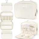 YOPCDJ PU Leather Waterproof Travel Toiletry Bag with Jewelry Organizer, Hanging Travel Bag for Toiletries,Cosmetic Bags for Women Toiletries Organizer with 4 Compartments Portable Travel Essentials (white)