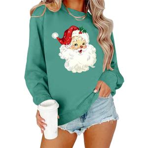 Christmas Sweatshirts for Women Retro Santa Claus Graphic Long Sleeve Shirt Xmas Pullover Tops (Cyan) XL