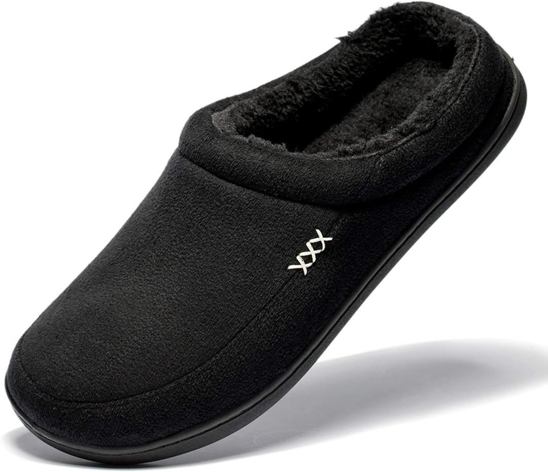 NewDenBer Men's Warm Memory Foam Suede Plush Fleece Lined Slip on Indoor Outdoor Clog House Slippers (Black)