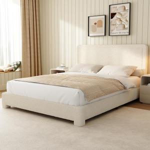 Queen Size Boucle Bed Frame, Modern Cream Bed Frame with Headboard, Soft Rounded Corners, No Box Spring Required, Adjustable Headboard, Easy Assembly