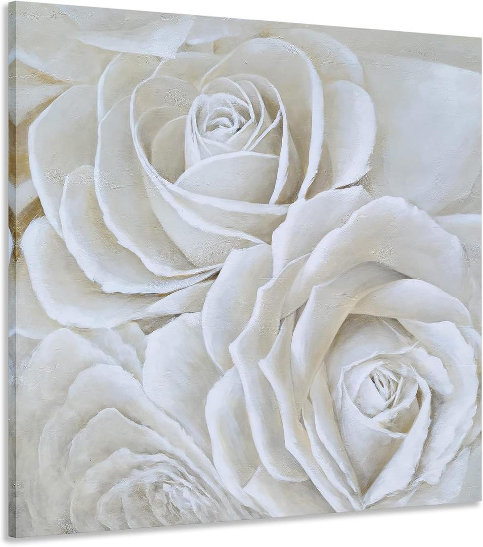 Yihui Arts White Flower Canvas Wall Art with Textured - Square Artwork for Bedroom Over Bed Decor, 16"L x 16"W