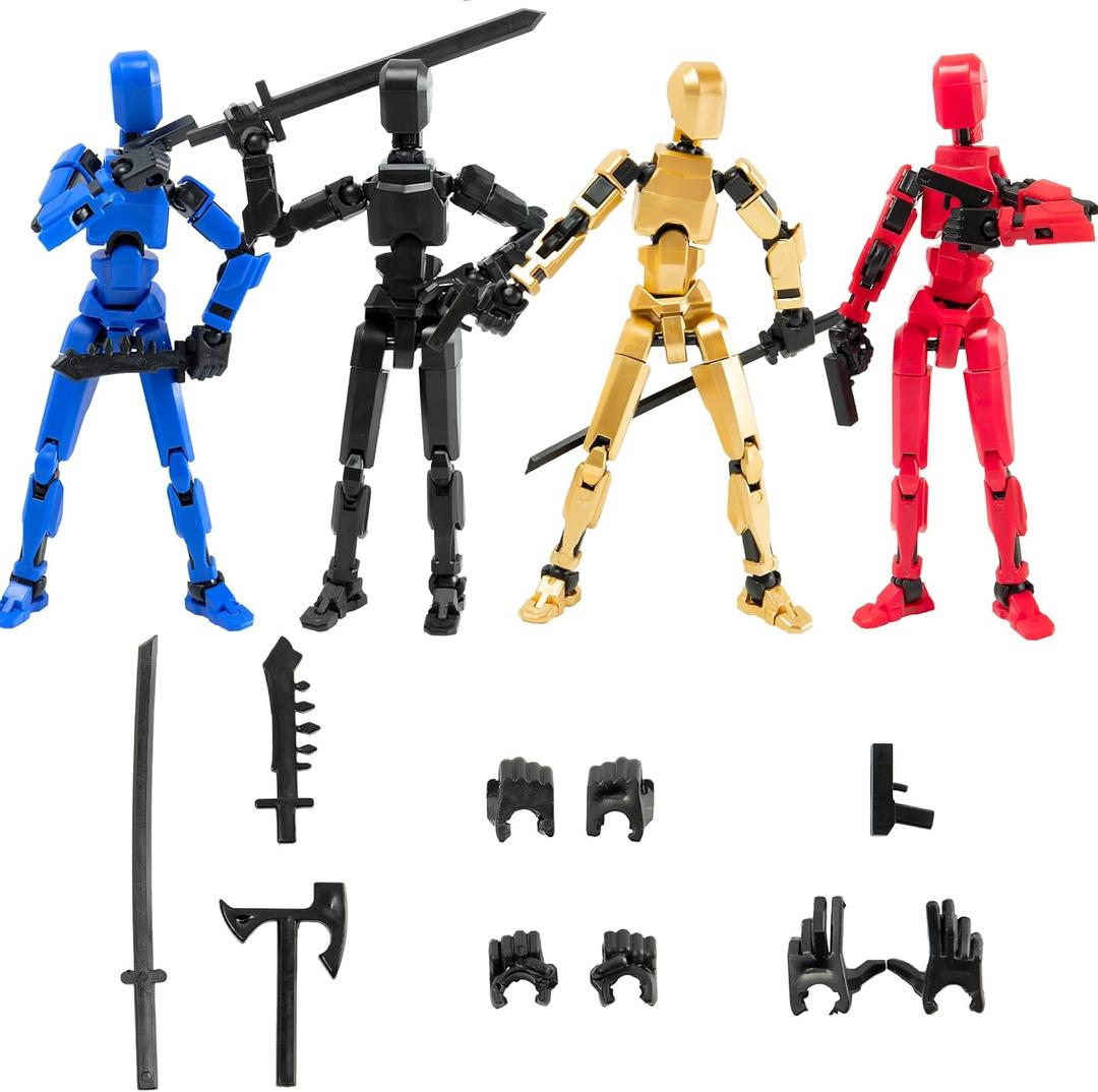 4PCS Assembled Titan T-13 Action Figures Set Lucky Dummy Nova 13 Action Figure Robot Anime Stick Figures Fidget Toys for Boys Multi Movable Joints Gifts Toys for Kids (Black+Blue+Golden+Red)