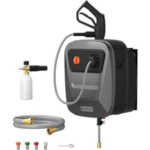 Giraffe Tools Grandfalls Retractable Pressure Washer G20B, 2500 PSI 2.2 GPM, Wall Mounted with 65FT Hose Reel, Black Pressure Hoses, 4 Nozzles for Floor/ Cars/ Fences/ Patios, Light Silver