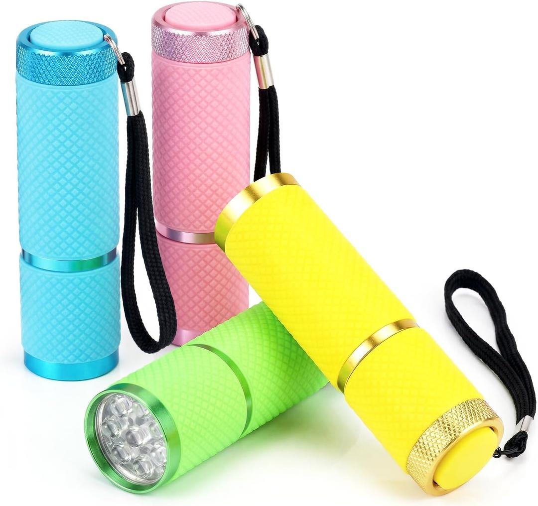 DAFURIET 4 Pack Mini Flashlights, 9 LED Glow-in-the-Dark Aluminum Lights with Straps Perfect for Camping, Hiking, and Emergency