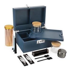 Coozyupper Large Bamboo Storage Box with Removable Tray Kit - Decorative Box Set, Glass Jars, and Accessories Wooden Storage Kit and Accessories Tool.Birthday Gifts, Navy